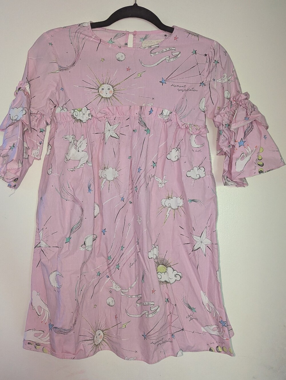 Zara Girls Pink Celestial Print Ruffle Sleeve Dress